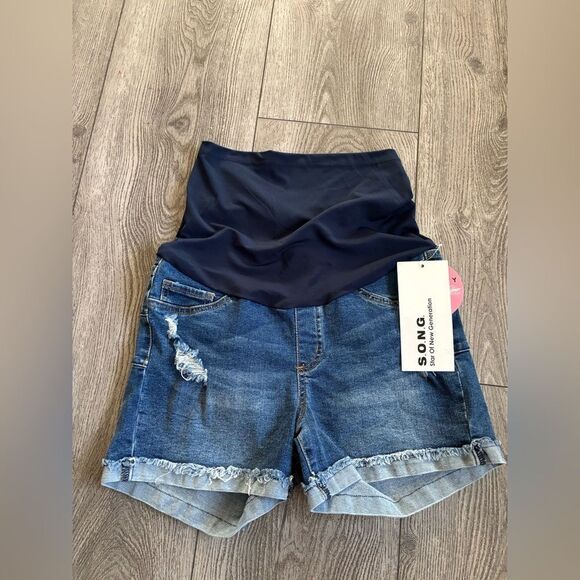 SONG Women's Blue maternity Denim Shorts - Picture 1 of 5